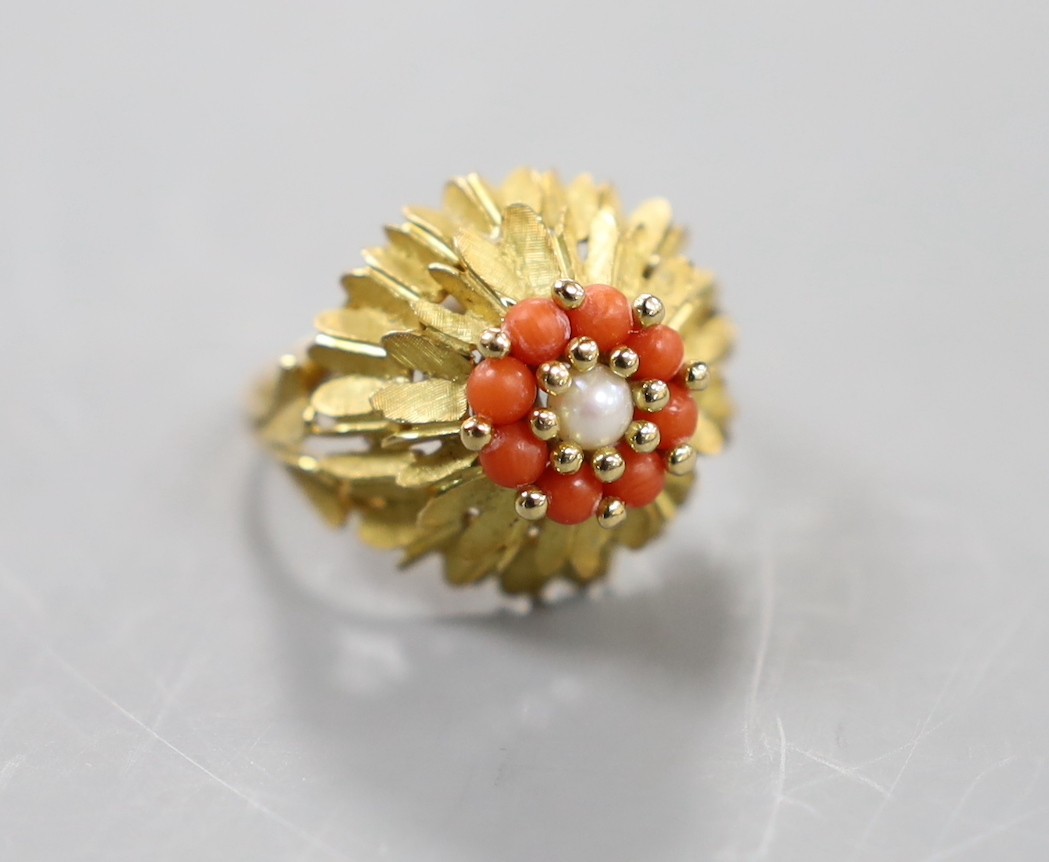 A continental yellow metal, coral bead and culture pearl cluster set dress ring, size R, gross weight 7 grams.
